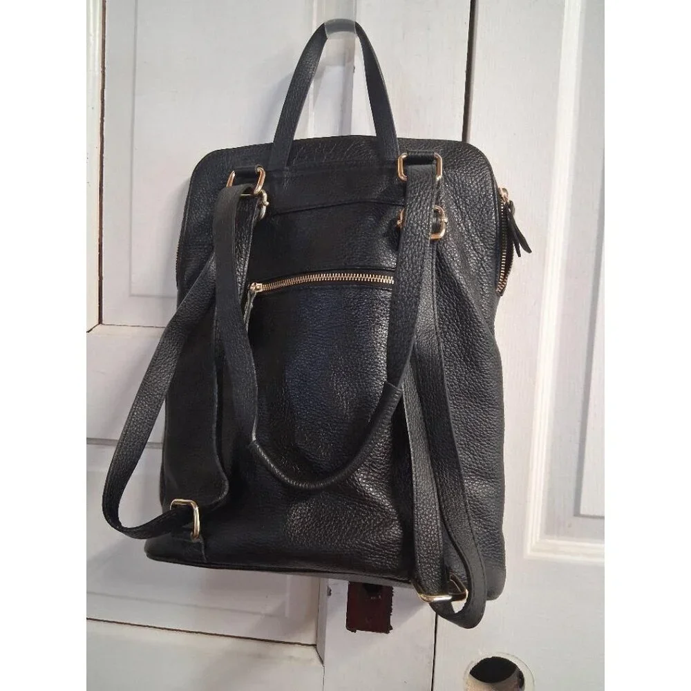 L.Credi Black Genuine Leather Backpack With Gold-Tone Hardware & Multiple Compar